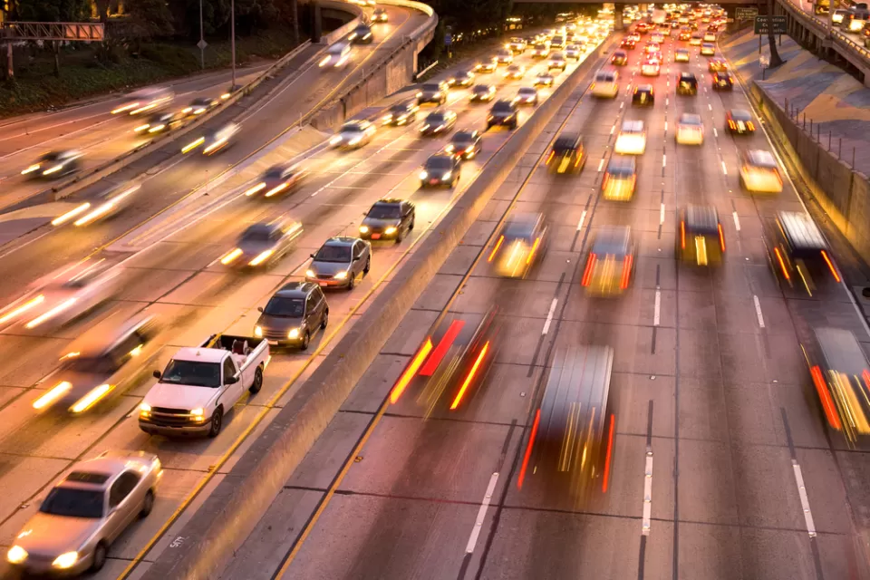Freeway traffic at dusk in downtown Los Angeles, California